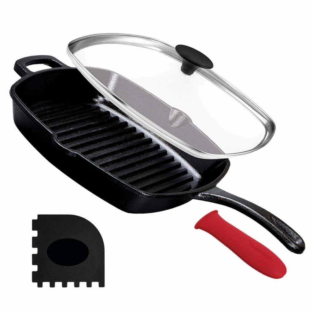 Cast-Iron-10.5-Inch-Square-Grill-Pan-with-Glass-Lid-Best-Griddle-Pan-For-Pancakes